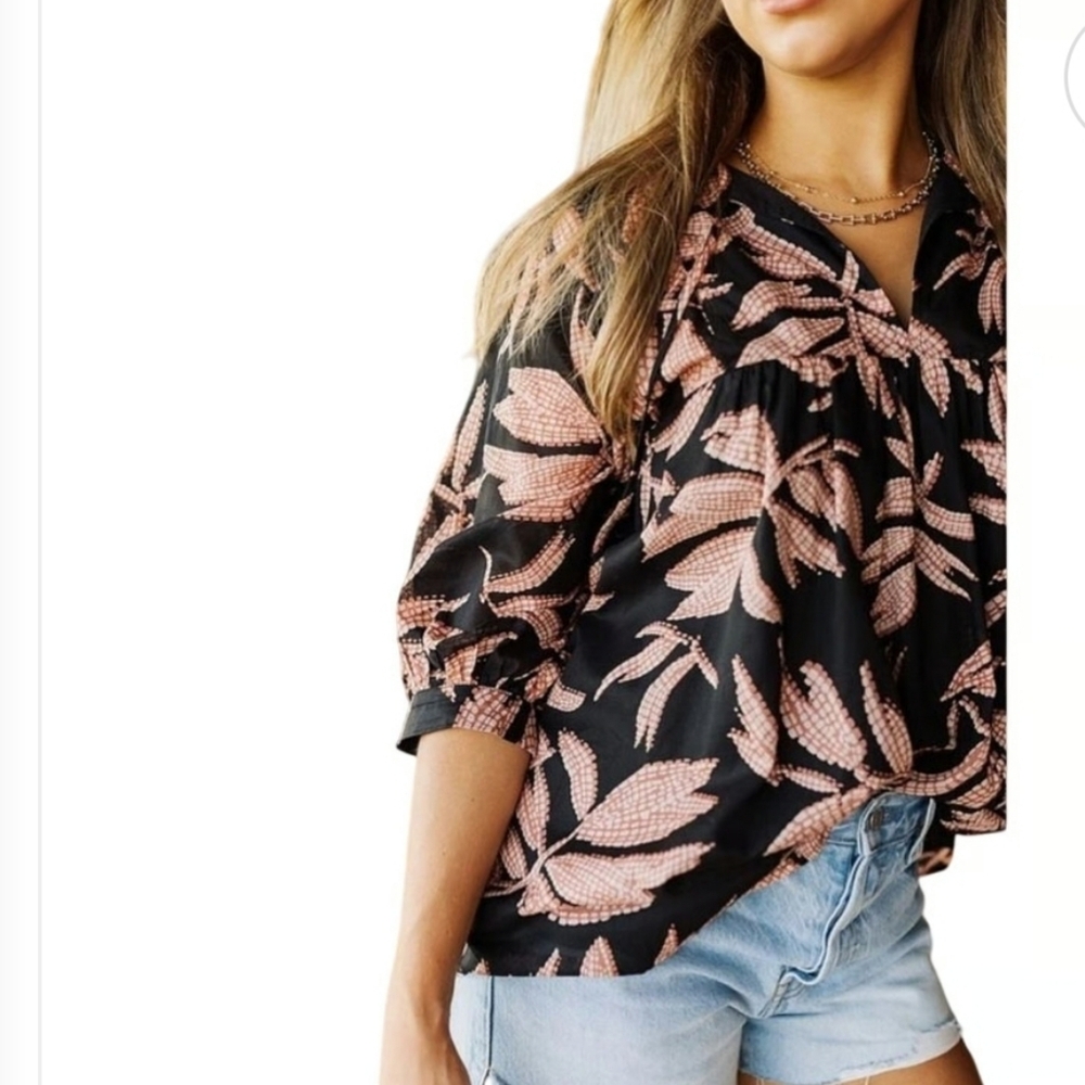 J.Marie Maria Woven Leaf Print Round Tie Neck 3/4 Puff Sleeve Flounce Tunic XS